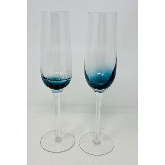 Set Of 2 Pier 1 One Crackle Glass Teal Blue Champagne Glasses Flutes 10" Tall - Picture 2 of 9